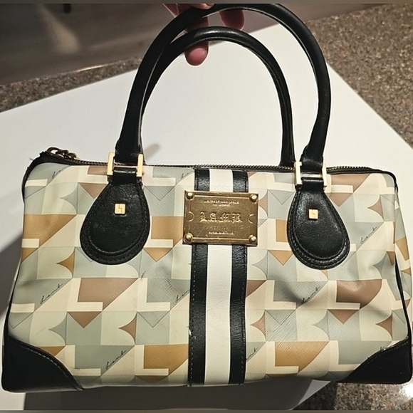 L.A.M.B. Bowling bag Blue and Cream Geometric Satchel with Navy Accents - Picture 1 of 12